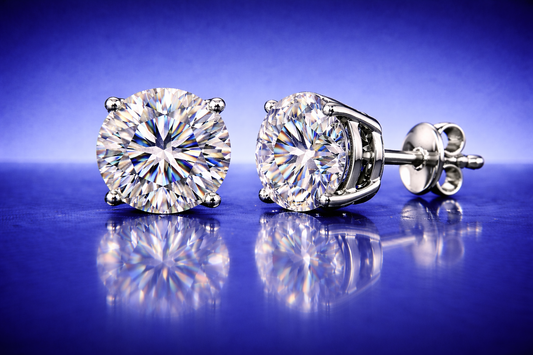 Diamond Stud Earrings - 4.0 tcw - Classic Round Cut, 14K Gold