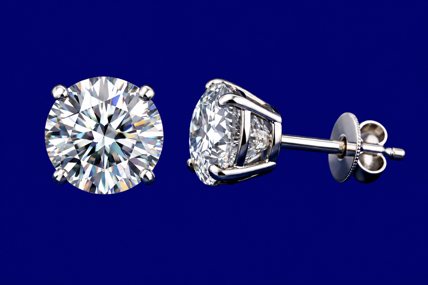 Diamond Stud Earrings - 5.0 TCW - Round Brilliant, 14K White Gold