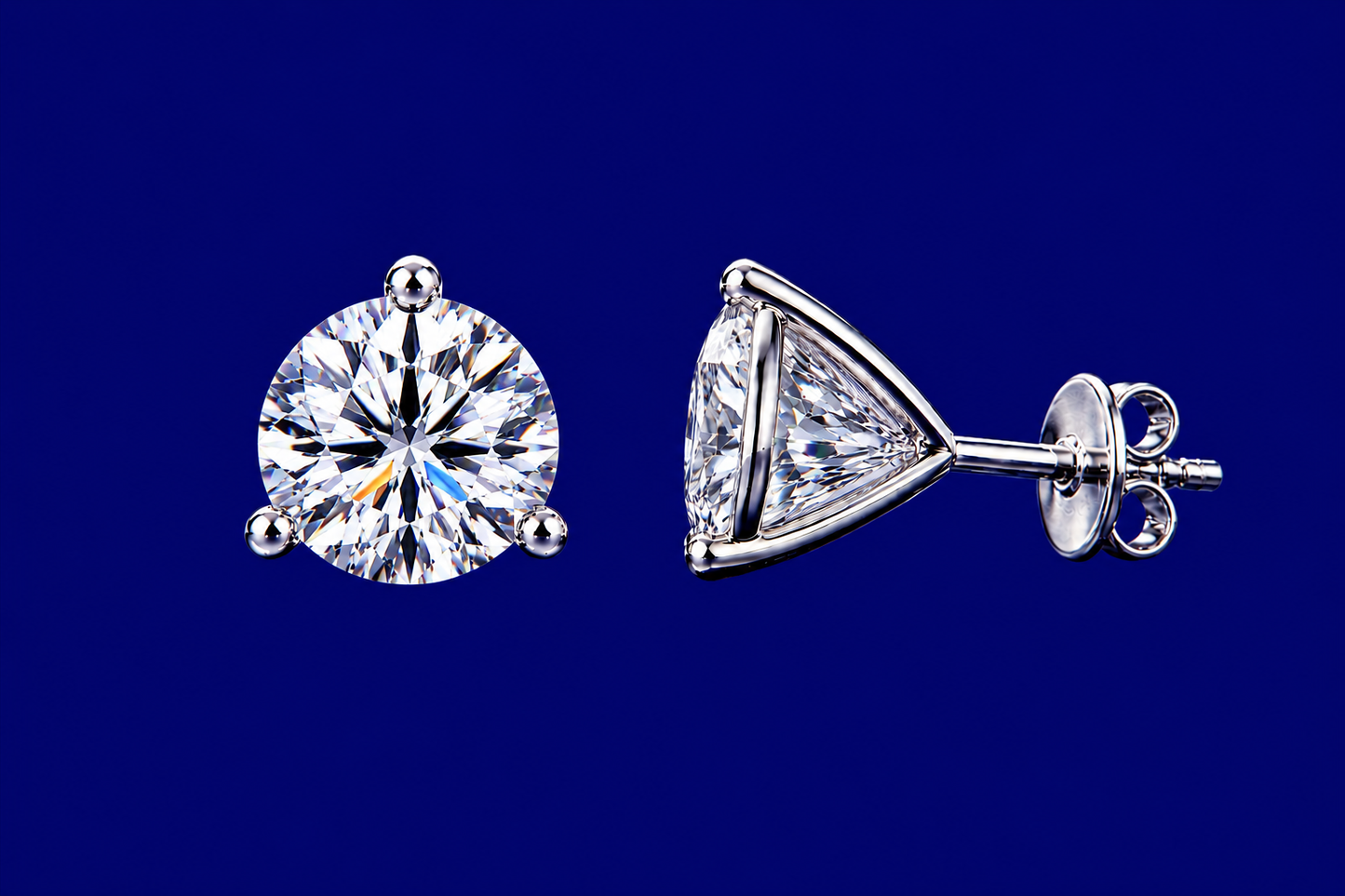 Diamond Stud Earrings - 4.0 TCW - 3-Prong Martini Settings Round Brilliant, 14K White Gold