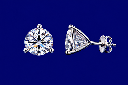 Diamond Stud Earrings - 3.0 TCW - 3-Prong Martini Settings Round Brilliant, 14K White Gold