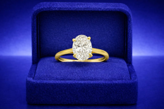 Oval lab grown Diamond Solitaire Engagement ring in 14K yellow gold; D color VS1 clarity, 2.02 total carat weight 